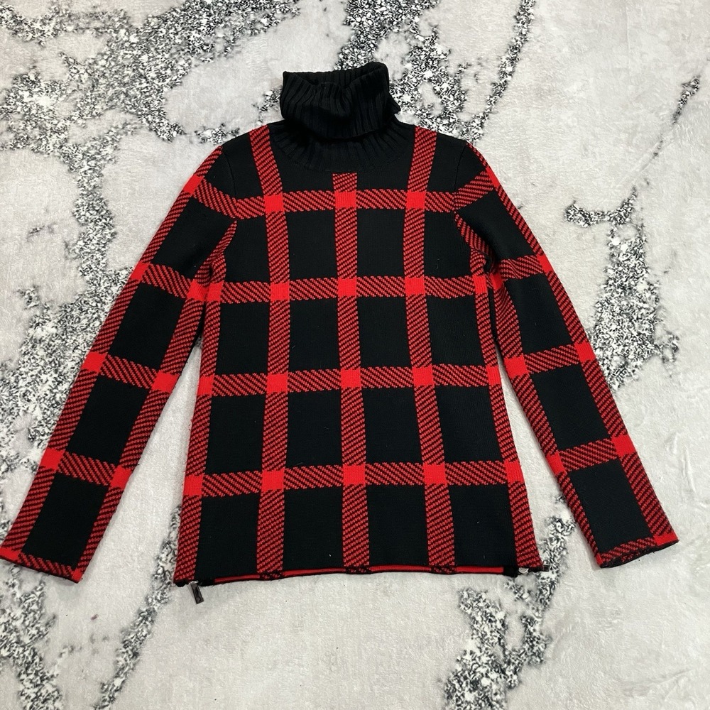 Barbara Bui Red Black Plaid Turtleneck Knit Sweater Long Sleeve Womens Size S